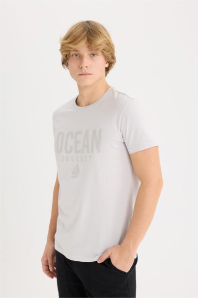 تيشيرت قطن نص كم سليم فيت مطبوع برقبة مستديرة