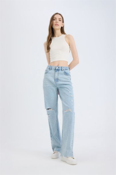 90's Ripped Detailed High Waist Wide Leg Jeans