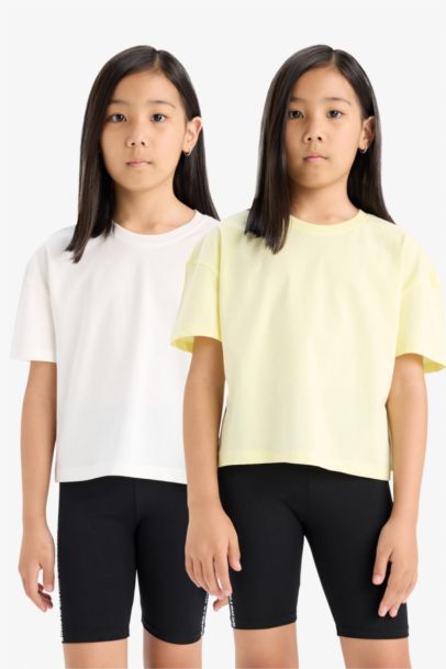 Relax Fit Bisiklet Yaka 2'li Kısa Kollu Tişört Kız Çocuk