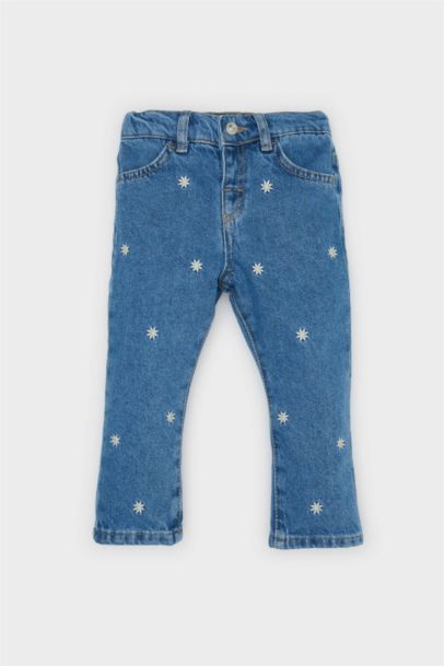 Pantalon Jean large à fleurs brodées pour fille