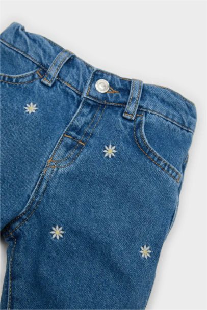 Pantalon Jean large à fleurs brodées pour fille