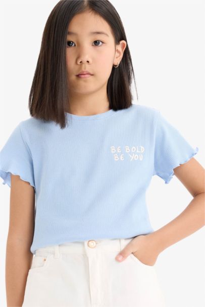 Girl Slim Fit Slogan Printed Corduroy T-Shirt