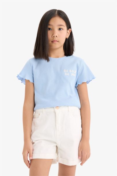 Girl Slim Fit Slogan Printed Corduroy T-Shirt