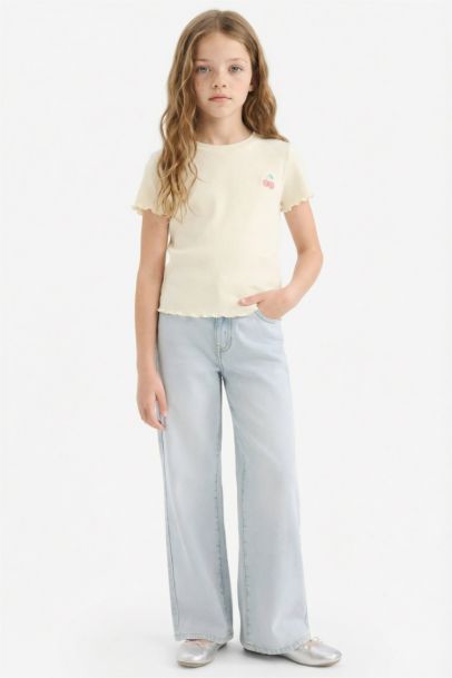 Slim Fit Dar Kesim Bisiklet Yaka Baskılı Fitilli Kaşkorse Kısa Kollu Tişört Kız Çocuk