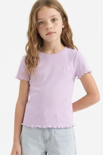 Slim Fit Dar Kesim Bisiklet Yaka Baskılı Fitilli Kaşkorse Kısa Kollu Tişört Kız Çocuk