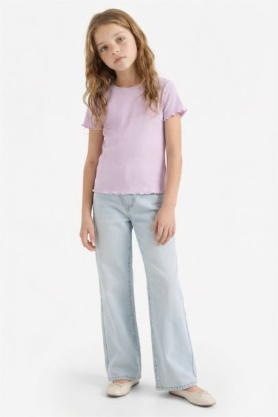 Slim Fit Dar Kesim Bisiklet Yaka Baskılı Fitilli Kaşkorse Kısa Kollu Tişört Kız Çocuk