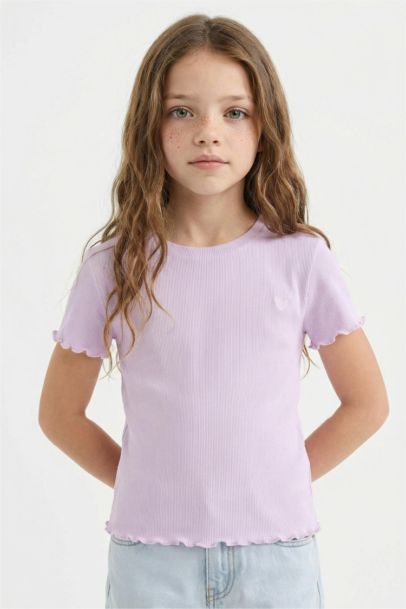 Slim Fit Dar Kesim Bisiklet Yaka Baskılı Fitilli Kaşkorse Kısa Kollu Tişört Kız Çocuk