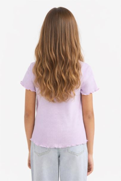 Slim Fit Dar Kesim Bisiklet Yaka Baskılı Fitilli Kaşkorse Kısa Kollu Tişört Kız Çocuk