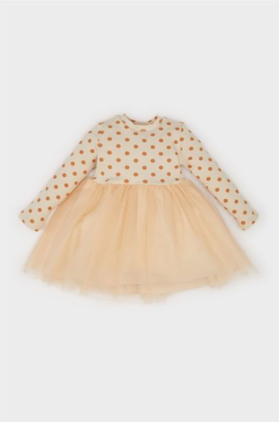 فستان بنات مطبوع من التول برقبة مستديرة و أكمام طويلة