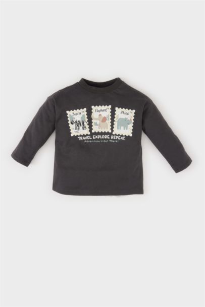 T-shirt imprimé avec animaux à col rond et manches longues pour bébé garçon