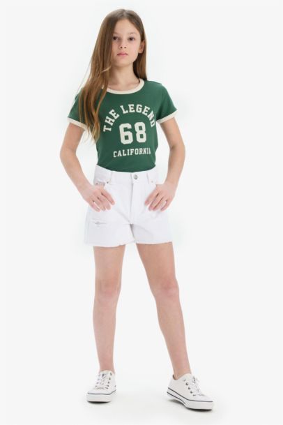 Girl Ripped Detailed Cotton Denim Shorts