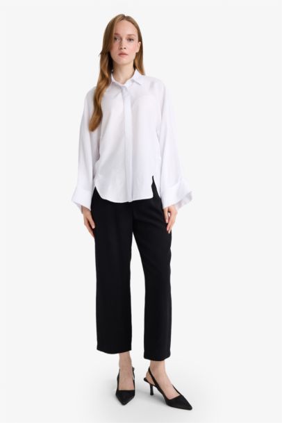 	Relax Fit Basic Düz Keten Karışımlı Uzun Kollu Tesettür Gömlek Tunik