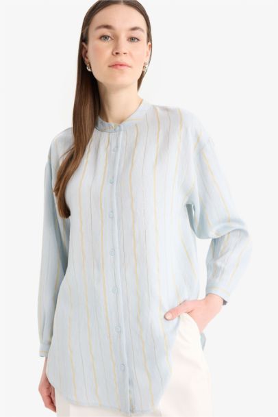 	Relax Fit Basic Düz Simli Kumaş Uzun Kollu Tesettür Gömlek Tunik