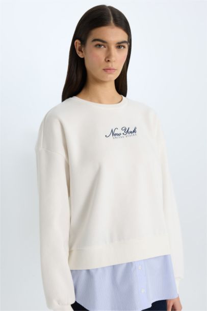 Relax Fit Bisiklet Yaka Baskılı Kalın Sweatshirt