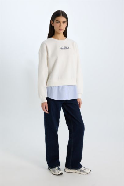 Relax Fit Bisiklet Yaka Baskılı Kalın Sweatshirt