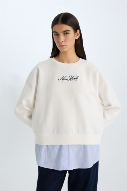 Relax Fit Bisiklet Yaka Baskılı Kalın Sweatshirt