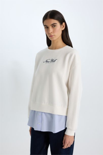 Relax Fit Bisiklet Yaka Baskılı Kalın Sweatshirt