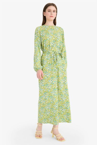 Regular Fit Crew Neck Floral Long Sleeve Maxi Dress