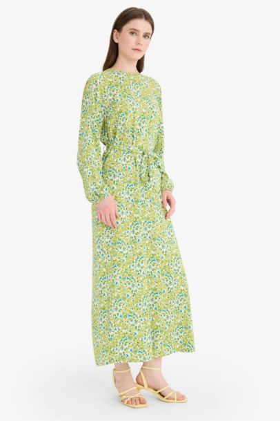 Regular Fit Crew Neck Floral Long Sleeve Maxi Dress