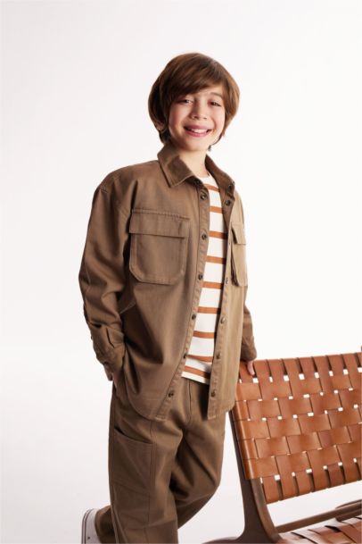 Boy Oversize Fit Polo Collar Gabardine Long Sleeve Shirt