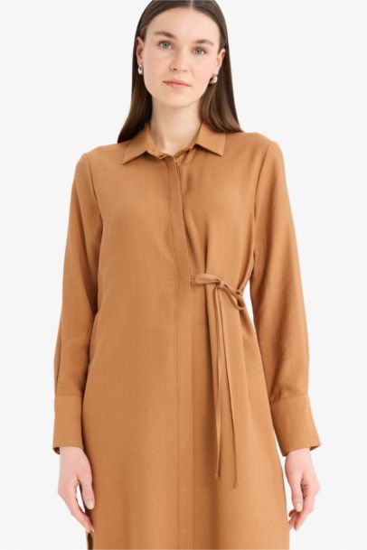 Regular Fit Gömlek Yaka Büzgülü Uzun Kollu Diz Altı Tesettür Tunik