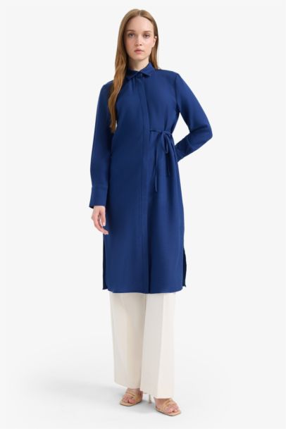 Regular Fit Shirt Collar Gathered Below Knee Tunic