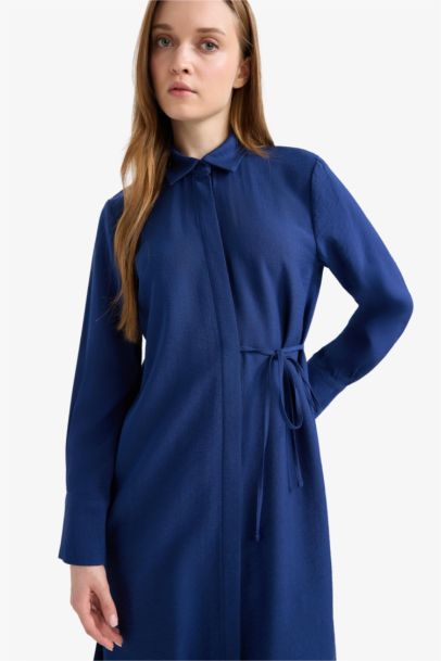 Regular Fit Shirt Collar Gathered Below Knee Tunic