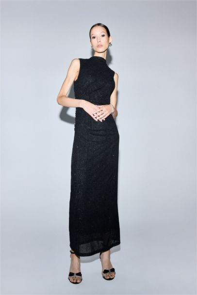 Fitted Embroidered Velvet Sleeveless Maxi Dress