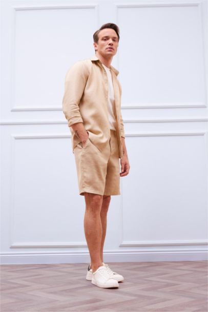 Linen Regular Fit Polo Neck Summer Long Sleeve Shirt