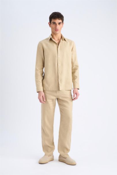 Linen Regular Fit Polo Neck Summer Long Sleeve Shirt