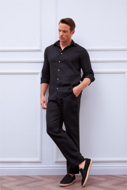 Linen Regular Fit Polo Neck Summer Long Sleeve Shirt