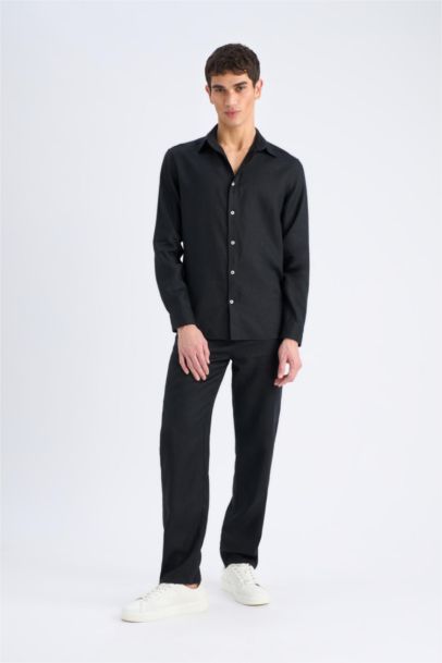 Linen Regular Fit Polo Neck Summer Long Sleeve Shirt