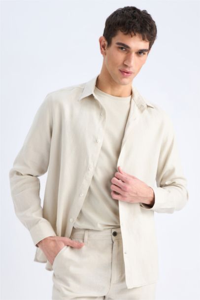 Linen Regular Fit Polo Neck Summer Long Sleeve Shirt