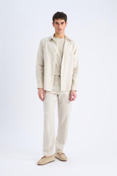 Linen Regular Fit Polo Neck Summer Long Sleeve Shirt