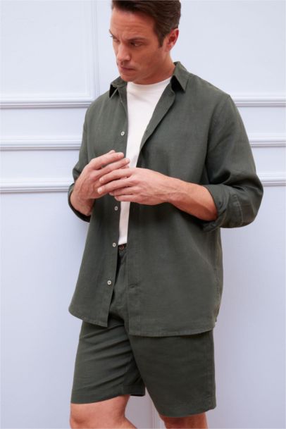 Linen Regular Fit Polo Neck Summer Long Sleeve Shirt