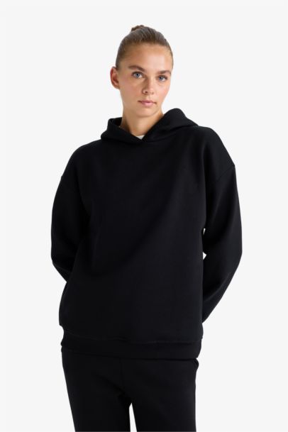 Relax Fit Kapüşonlu Basic Düz Kalın Sweatshirt