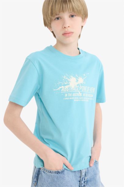 تيشيرت نص كم مطبوعة قصة عادية بياقة مستديرة