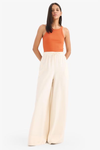 Wide Leg High Waist Linen Blend Fabric Trousers