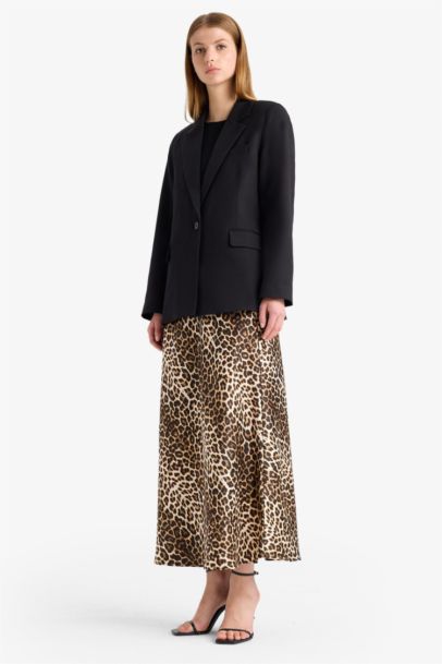A Cut Animal Print Satin High Waist Maxi Skirt