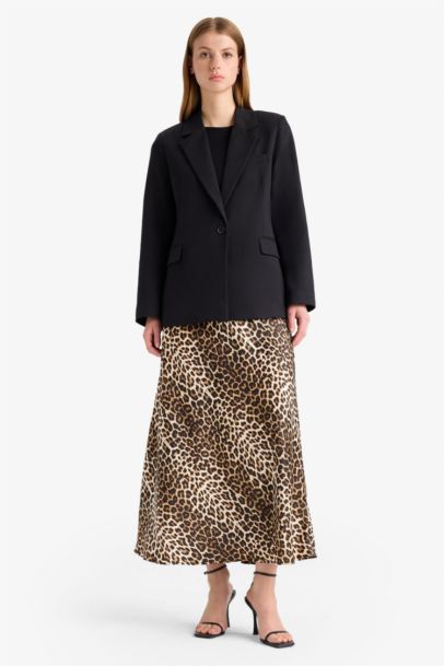 A Cut Animal Print Satin High Waist Maxi Skirt