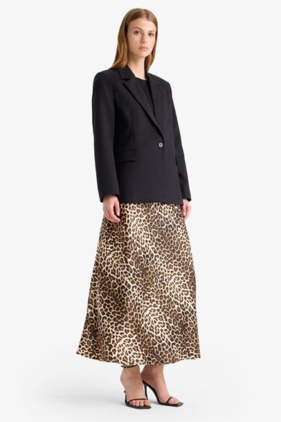 A Cut Animal Print Satin High Waist Maxi Skirt