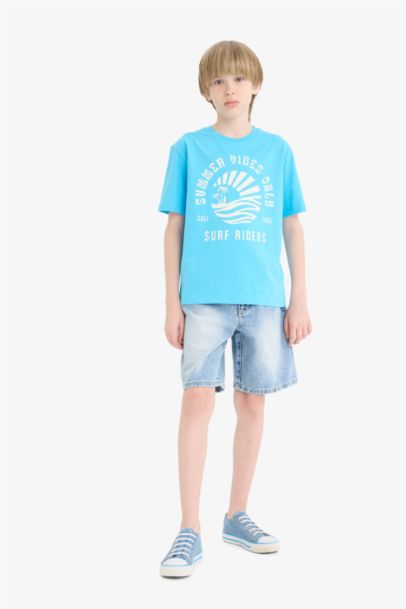 Bisiklet Yaka Baskılı Kısa Kollu Tişört Erkek Çocuk