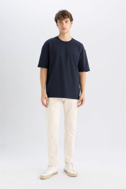 Boxy Fit Bisiklet Yaka Pamuklu Kısa Kollu Basic Düz Ağır Kumaş Tişört