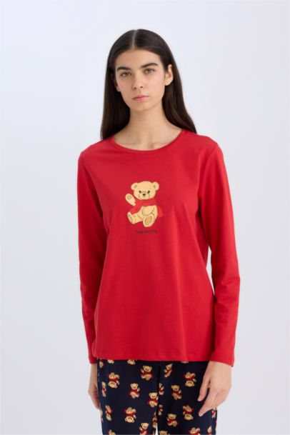 طقم بيجاما قصة عادية كم طويل بطبعة دب - قطعتين