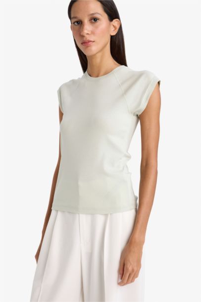 Slim Fit дөңгелек жағалы негізгі тегіс рибана қысқа жеңді футболка