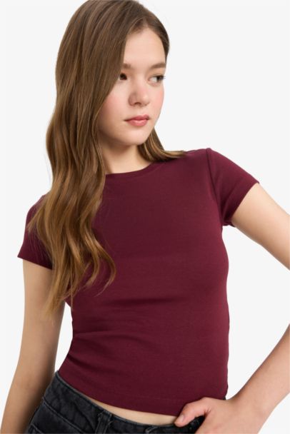 Fitted Bisiklet Yaka Ribana Kısa Kollu Tişört