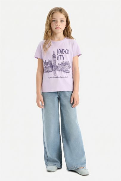 Bisiklet Yaka Baskılı Kısa Kollu Tişört Kız Çocuk