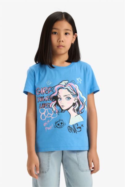 Bisiklet Yaka Baskılı Kısa Kollu Tişört Kız Çocuk