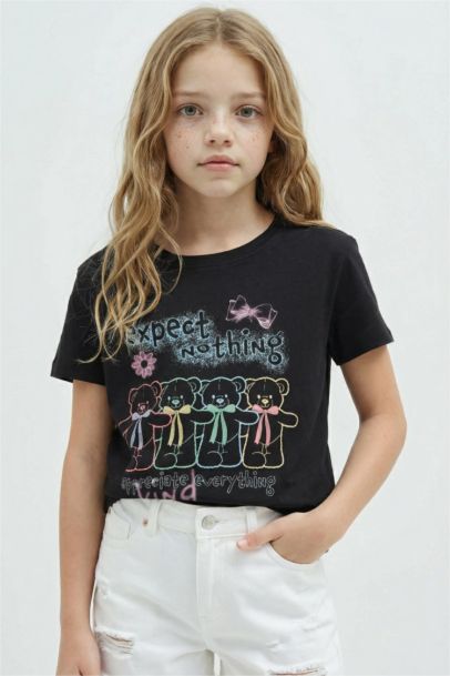 Girl Regular Fit Crew Neck Anime Print T-Shirt