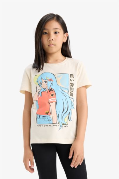 T-shirt imprimé Anime à col rond et manches courtes pour fille